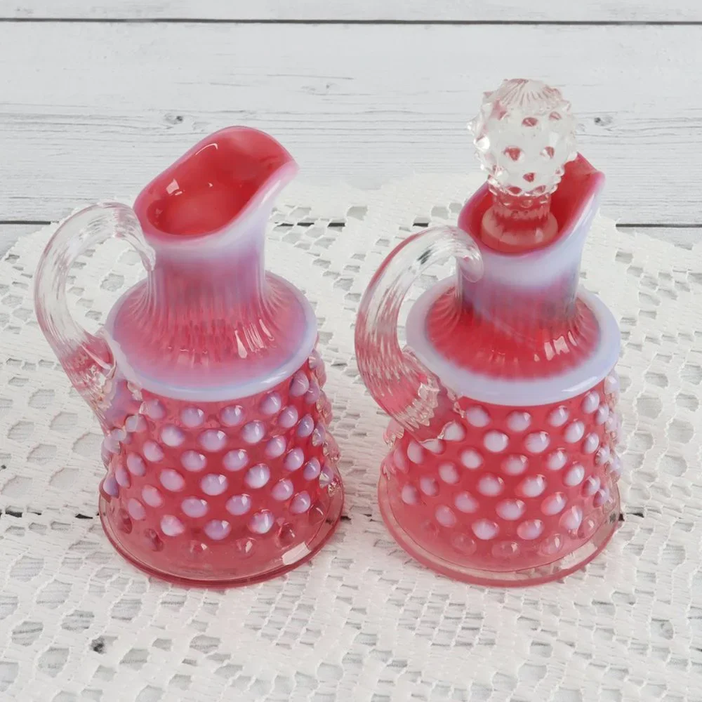 Vintage Fenton Oil Cruet & Stopper and Handled Cruet Hobnail Cranberry Set